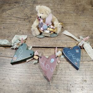 Vintage Sewing Bear Hearts Hanging Wood Sign Decor Cottagecore Grandmacore LOT